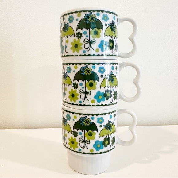 Vintage Japan Floral Feminine Umbrella MCM Mod Stackable Mugs set of 3 - Picture 1 of 6
